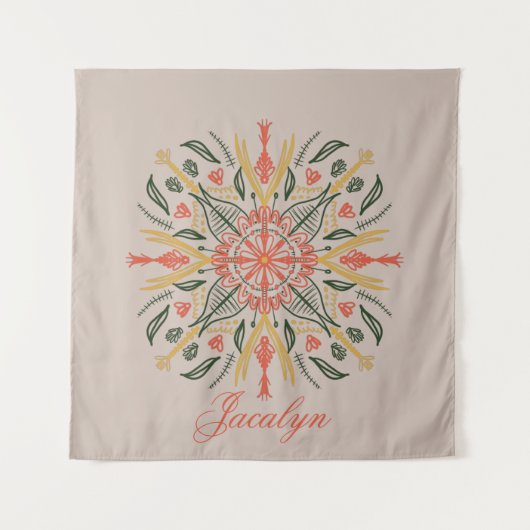 Modern Botanical Greenery Boho Oranje Mandala Name Wandkleed (Voorkant)