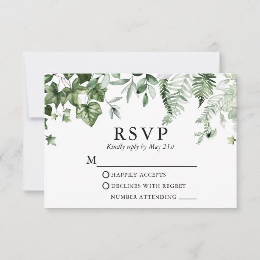 Modern Botanical Ivy Ferns Sage Green Wedding RSVP Kaartje (Voorkant)