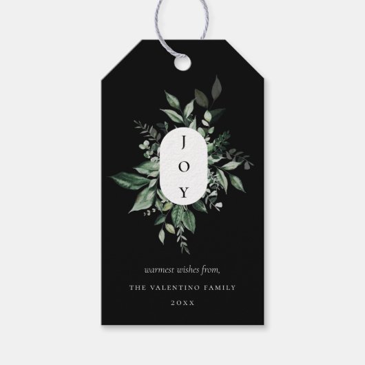 Modern Botanical Joy Black Holiday Cadeaulabel (Voorkant)