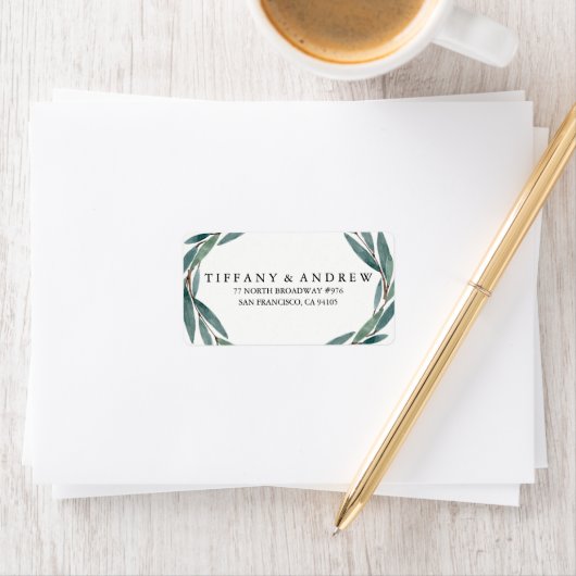 Modern Botanical Leaf Wreath Weddenschap Label (Insitu)