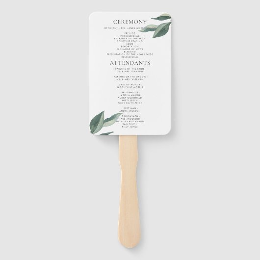Modern Botanical Leaves Wedding Programme Hand Fan Handwaaier (Achterkant)