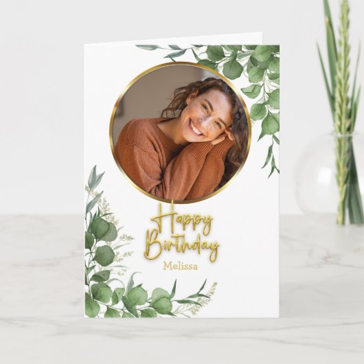 Modern Botanical Script Circle Photo Birthday Kaart (Voorkant)