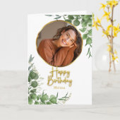 Modern Botanical Script Circle Photo Birthday Kaart (Gele Bloem)