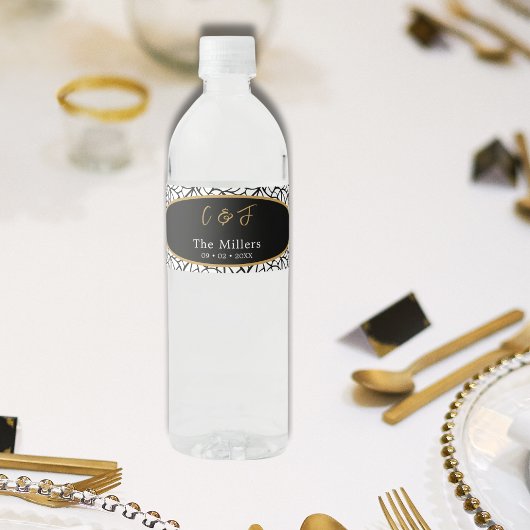 Modern Botanisch Bladpatroon Monogram Datum Waterfles Etiket