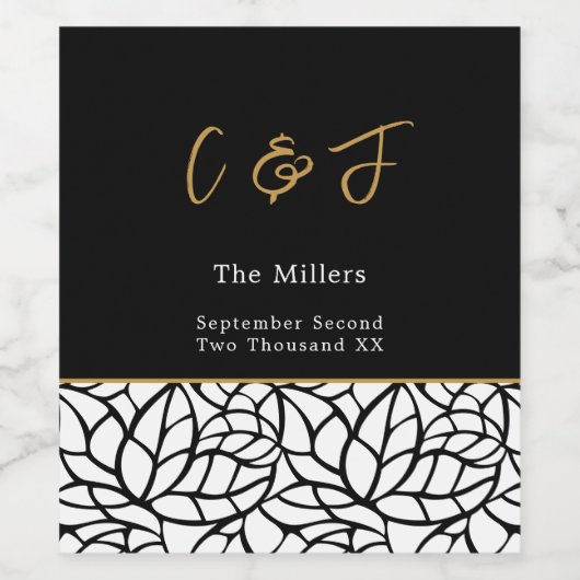 Modern Botanisch Bladpatroon Monogram Datum Wijn Etiket (Enkel label)