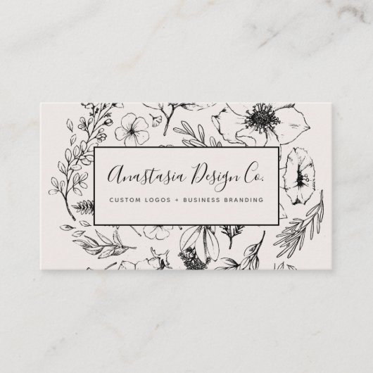 Modern Botanisch Blush Roze en Zwart Script Visitekaartje (Voorkant)