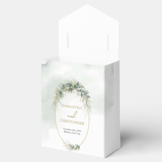 Modern botanisch groen blad goud ovaal bedankdoosjes (Geopend)