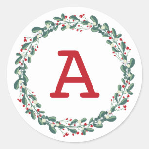 Modern Botanisch Red Berry Kerstmis Monogram Ronde Sticker