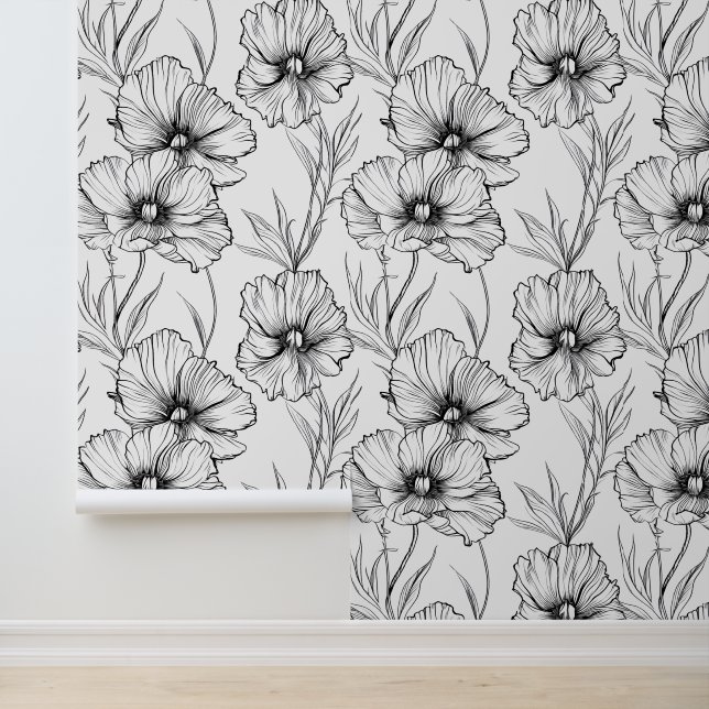 Modern Botanisch Zwart-Wit Bloempatroon Behang (Applicatie)