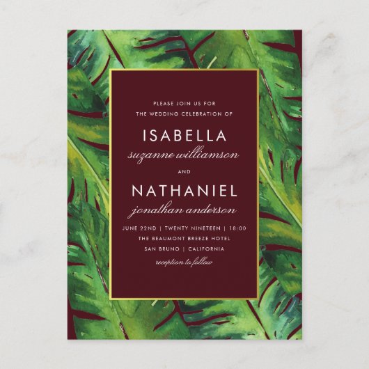 Modern Bourgogne en groen tropisch huwelijk Uitnodiging Briefkaart (Voorkant)