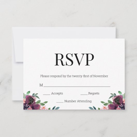 Modern Bourgondië Floral Zwart Goud Monogram RSVP (Voorkant)
