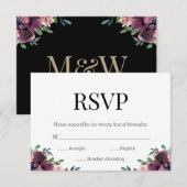 Modern Bourgondië Floral Zwart Goud Monogram RSVP (Voorkant / Achterkant)