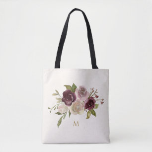 Modern Bourgondië Roze Bloemige Waterverf Monogram Draagtas