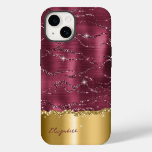 Modern Bourgondisch Goud Faux Glitter Monogram Hoe Case-Mate iPhone 14 Hoesje