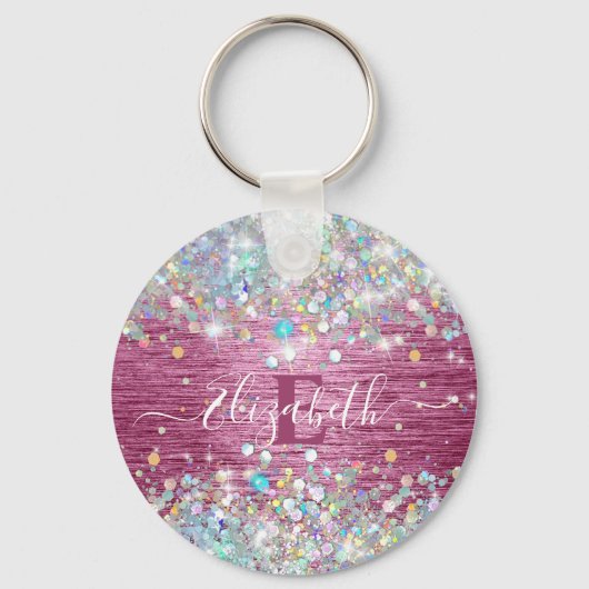Modern Bourgondisch holografisch faux glitter mono Sleutelhanger (Achterkant)