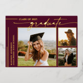 Modern Bourgondisch Script Afstuderen Foto Afstude Folie Uitnodiging (Voorkant)