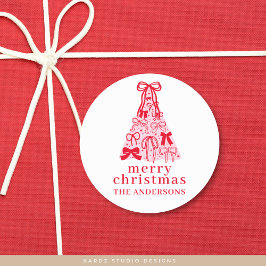 Modern Bow Pink Red Christmas Tree Ronde Sticker