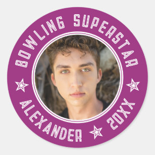 Modern Bowling Superstar Paarse Roze Naam Foto Ronde Sticker