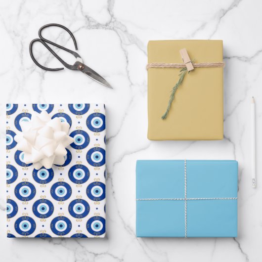 Modern Boze Oog Patroon Blauw & Goud Bescherming Inpakpapier Vel (Voorkant)
