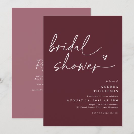 Modern Bridal Shower Invitation in Merlot Wine Kaart (Voorkant / Achterkant)