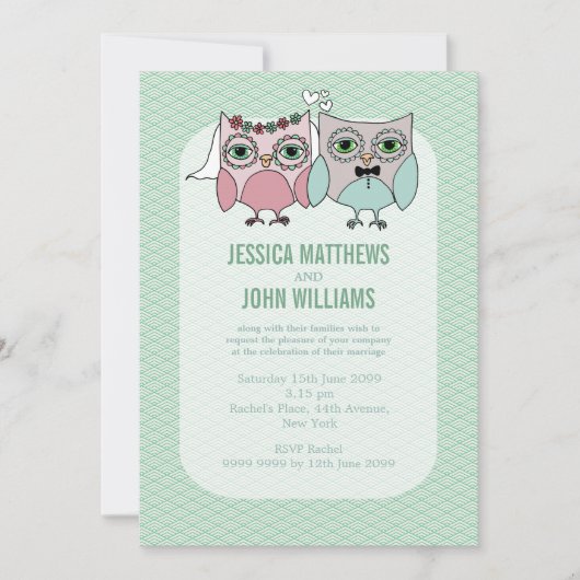 Modern Bride & Groom Owl Couple Wedding Invite Kaart (Voorkant)