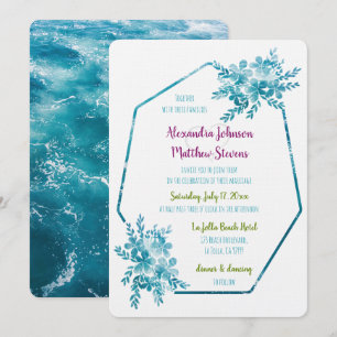 Modern Bright Floral Blue Ocean Photo Wedding Kaart