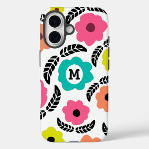 Modern Bright Flowers en Black Leaf Monogram iPhone 16 Hoesje