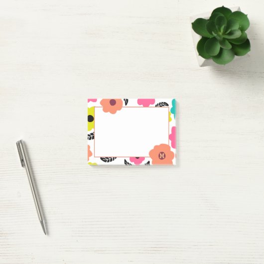 Modern Bright Flowers en Black Leaf Monogram Post-it® Notes (Kantoor)