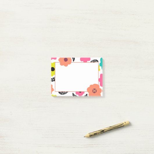 Modern Bright Flowers en Black Leaf Monogram Post-it® Notes (Op bureau)