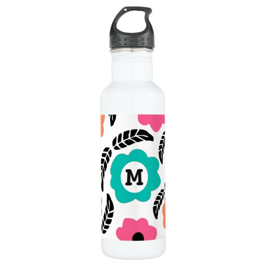 Modern Bright Flowers en Black Leaf Monogram Waterfles (Voorkant)