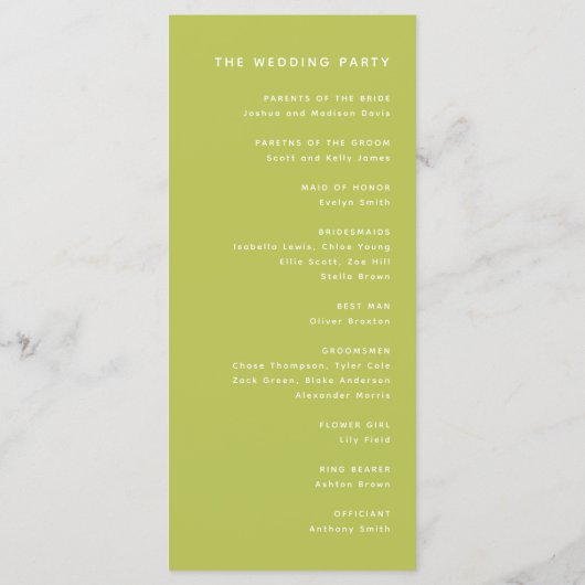 Modern Bright Lime Green Wedding Ceremony Programma (Achterkant)
