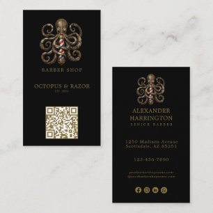 Modern bronzen octopus herenkapper logo Qr-code Visitekaartje