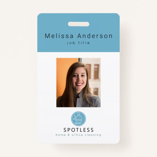 Modern Broom Logo Blue Cleaning Service ID Photo Badge (Voorkant)