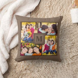 Modern Brown 4 Family Photo Collage Monogram Kussen