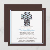 Modern Brown Blue Cross Boys Baptisme Invitation Kaart (Voorkant / Achterkant)