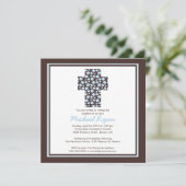 Modern Brown Blue Cross Boys Baptisme Invitation Kaart (Staand voorkant)