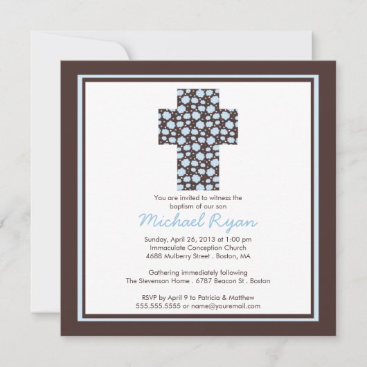 Modern Brown Blue Cross Boys Baptisme Invitation Kaart (Voorkant)