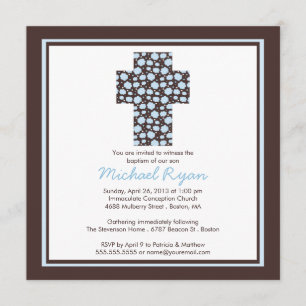 Modern Brown Blue Cross Boys Baptisme Invitation Kaart