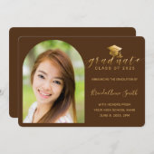 Modern Brown Gold Pet Script Arch Photo Afstuderen Aankondiging (Voorkant / Achterkant)