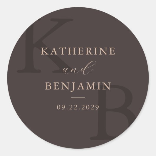 Modern Brown Monogram Minimalist Wedding Ronde Sticker (Voorkant)