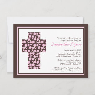 Modern Brown Pink Cross Girls Baptism Uitnodiging