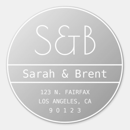 Modern Bruiloft Monogram Retouradres Ombre Grijs Ronde Sticker (Voorkant)