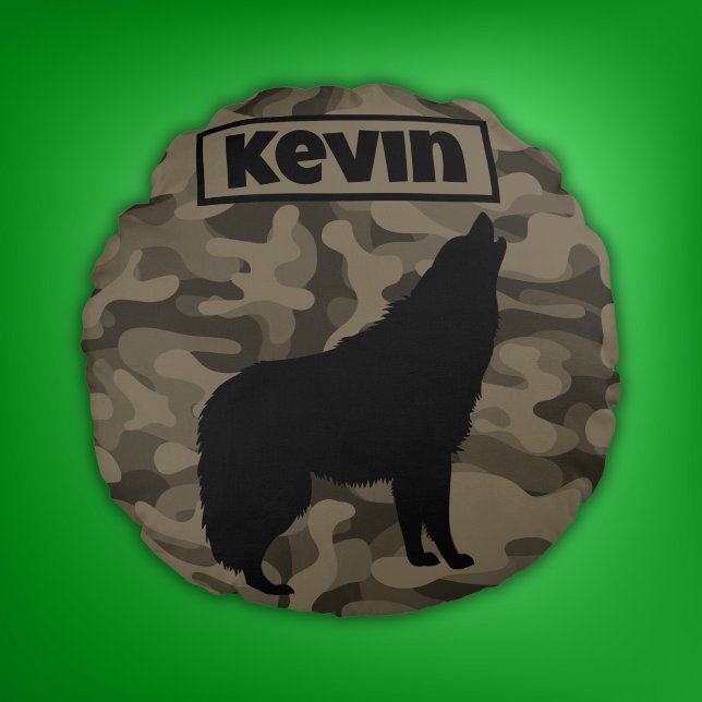 Modern Bruin Camo Zwart Wolf Silhouet Monogram | Rond Kussen (Creator heeft geüpload)