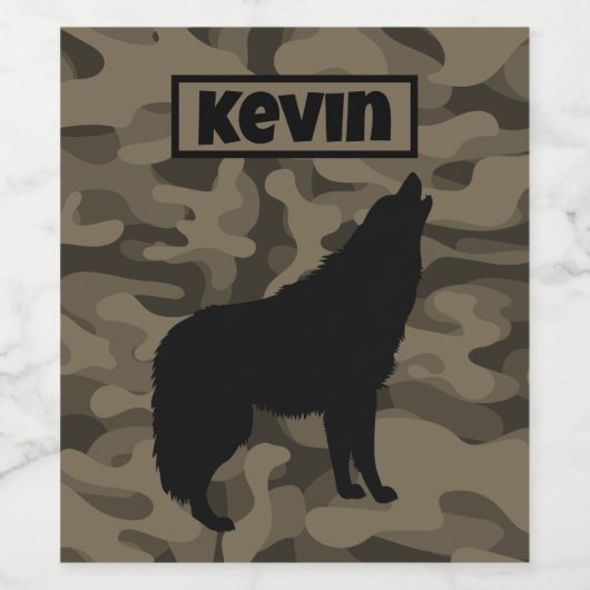 Modern Bruin Camo Zwart Wolf Silhouet Monogram | Wijn Etiket (Enkel label)