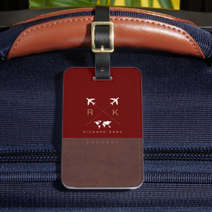 Modern bruin / rood Bagagelabel met naam