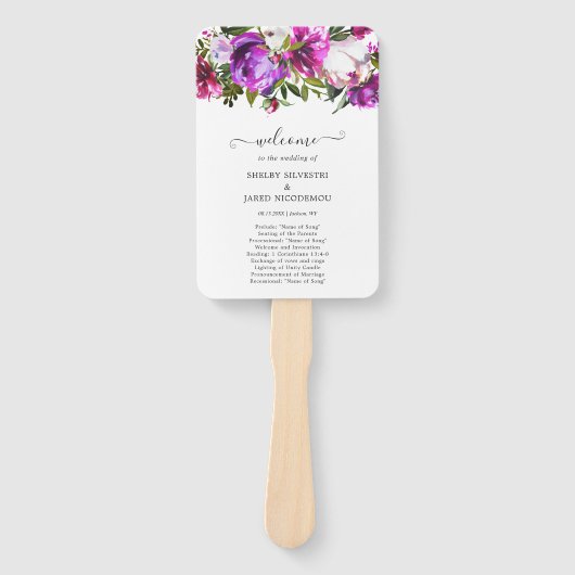Modern Bruisend Paars Bloem Bruiloftsprogramma Handwaaier (Voorkant)