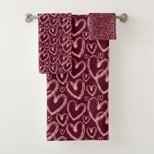 Modern Brush Heart Burgundy Pink Pattern Bad Handdoek (Insitu)