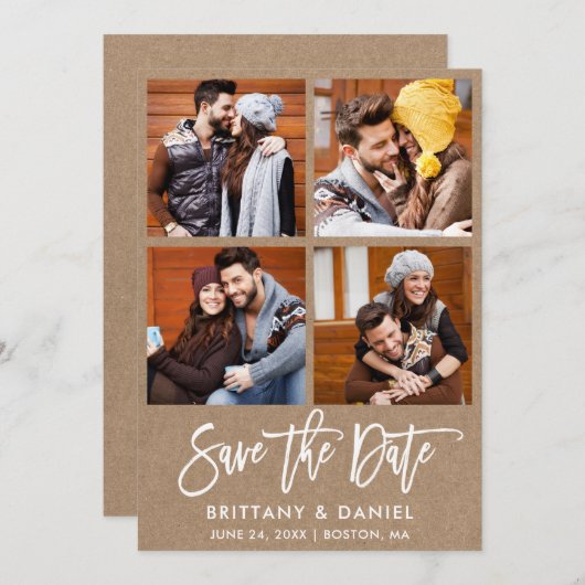 Modern Brush Script 4 Foto paar Kraft Save The Date (Voorkant / Achterkant)