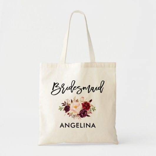 Modern Brush Script Burgundy Floral Bridesmaid Tote Bag (Voorkant)