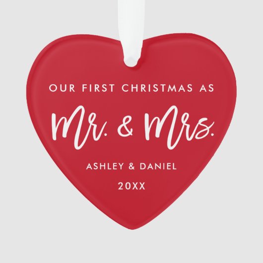 Modern Brush Script First Kerstmis Mr. Mrs Red Ornament (voorkant)